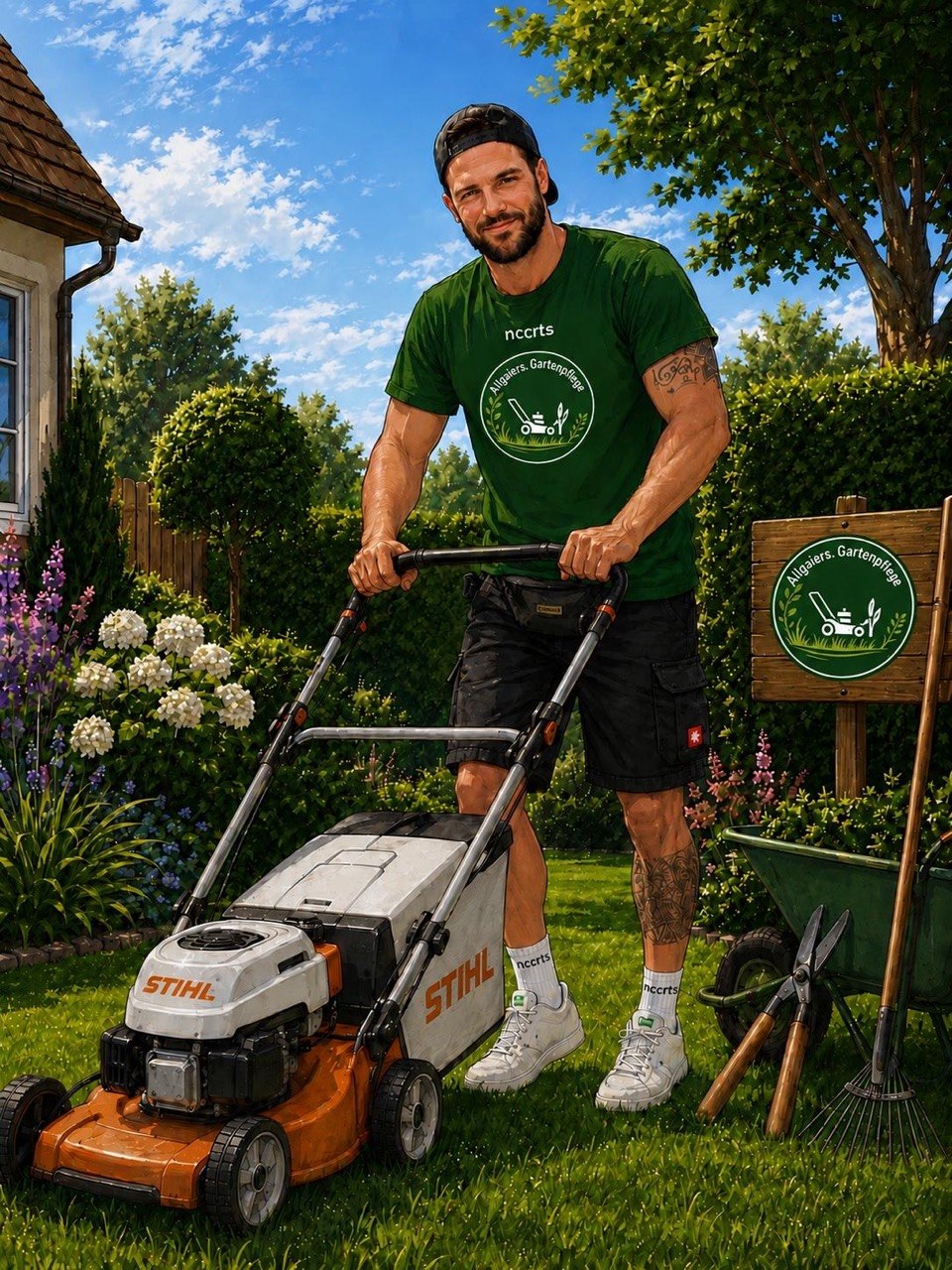 Gezeichnetes Bild: Jochen Allgaier im nccrts-Shirt mit Rasenmäher im Garten, im Hintergrund ein Schild mit dem Logo
